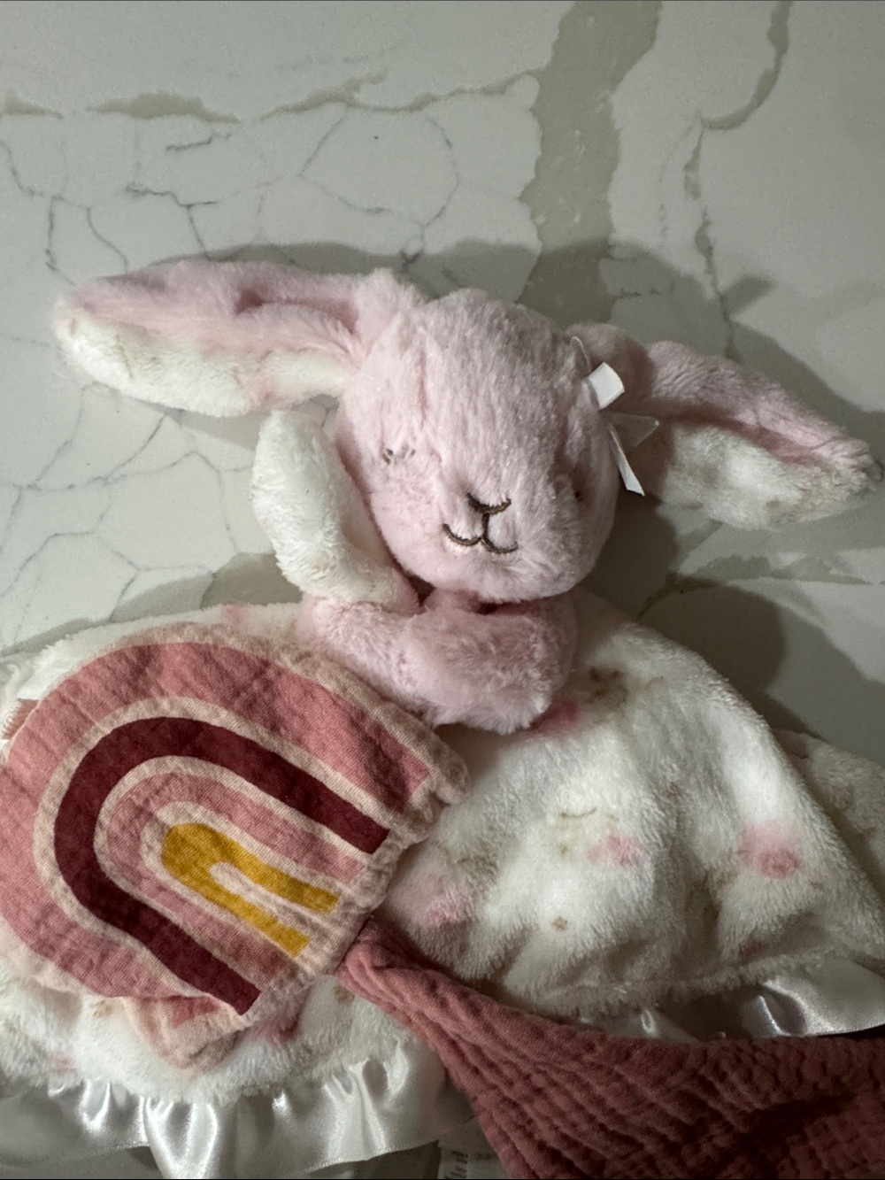 Pink Bunny Lovey Blanket with Rainbow Patch